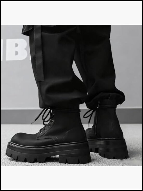 Black Leather Lace-up Platform Combat Boots Chunky Heel Lug Sole Side Zipper main image 6